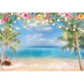 Fondo fotográfico de playa tropical de Hawái con flores de hibisco y palmeras exuberantes. - Playa de Hawái (SBJ-001) / 95x75cm