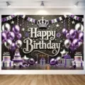 Lila und silberner Happy Birthday Fotohintergrund mit Luftballons und Kronenmotiv - Lilafarbener Kronenstil (SBJ-001) / 95x75cm