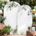 Elegante weiße Bogenhintergrund-Abdeckung mit Eukalyptus-Blattmuster für Hochzeitsdeko - Waldgrün-Thema (GX-002) / Polyester (100x200cm+120x220cm)