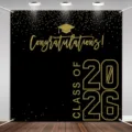 Elegant zwart en goud Class of 2026 afstudeerfeest achtergrond met glitterende confetti - Afstudeerwens (SBJ-007) / 95x75cm / Zwart & Goud