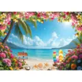 Vibrante fondo fotográfico playa de Hawái con flores exóticas y tablas de surf - Playa de Hawái (SBJ-002) / 95x75cm