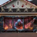 Halloween garage door banner featuring a hooded reaper and pumpkins in stone window - Reaper in Purple (CK-003) / 150x100cm