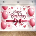 Rosa Happy Birthday Fotohintergrund Banner mit Ballons und Herzen für Party Dekoration. - Rosa-Goldener Luftballon-Herz-Stil (SBJ-002) / 95x75cm
