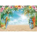 Fondo fotográfico de playa de Hawái con flores tropicales hojas de palma y tablas de surf - Playa de Hawái (SBJ-003) / 95x75cm / Multicolor