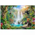 Tropical rainforest waterfall backdrop with safari animals for jungle party photography - SBJ-005