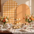 Sfondo ad arco a quadretti arancioni e pesca per decorazioni di feste e matrimoni - Stile Tè a Quadretti Arancione e Bianco (SGX-005)