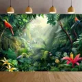 Tropical rainforest jungle photography backdrop with parrots and exotic flowers - SBJ-006
