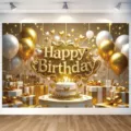 Elegante Gold-Weiß Happy Birthday Fotohintergrund mit Luftballons und Geschenk-Themen - Gold & Weiß Geburtstagstorte Stil (SBJ-004) / 95x75cm