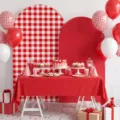 Sfondo ad arco a quadretti rossi e bianchi per feste di compleanno e decorazioni baby shower - Stile Dessert Festa Rosso (SGX-006)