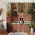 Vintage style shower curtain with tuxedo cat digital print in pink bathroom scene - Single Shower Curtain 90x180cm / Tuxedo Cat in Bathtub (YL-001)