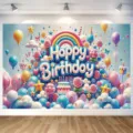 Fondo fotográfico de feliz cumpleaños arcoíris en 3D con globos y nubes suaves - Fiesta de Sueño de Macarrón (SBJ-005) / 95x75cm