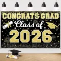 Black and gold Class of 2026 graduation party backdrop with glittery congrats grad text - SBJ-001 Style / 95x75cm