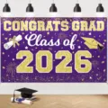 Purple and gold Class of 2026 graduation party backdrop banner with glitter effect - Purple and Gold Class of 2026 Style (SBJ-002) / 95x75cm