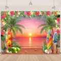 Tropical Hawaiian beach sunset photography backdrop with palm trees and surfboard - Hawaii Beach (SBJ-006) / 95x75cm