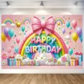Pancarta de fondo rosa Feliz Cumpleaños con arcoíris y globos para decoración de fiestas - Tema de Cumpleaños Rosa (SBJ-006) / 95x75cm
