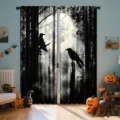 Spooky Halloween forest blackout curtains with crow and full moon digital print - 55x150cm (Pair) / Black White Forest Crow Style (CL-002)