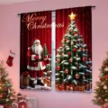 Festive red Christmas curtain set featuring Santa Claus and decorated tree pattern design - CL-009 / 70x100cm(两片)