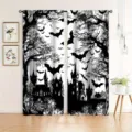 Halloween black and white digital print curtains with spooky castle and bats design - 55x150cm (Pair) / Black White Gothic Castle Bat Style (CL-004)