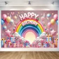 Fondo de fotografía rosa feliz cumpleaños con arcoíris y globos para decoración - Estilo de Cumpleaños de Arcoíris Rosa (SBJ-007) / 95x75cm