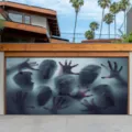 Gruselige Halloween-Garagentorabdeckung mit Geistergesichtern und Handsilhouetten - Schreiendes Gesicht Silhouette Stil (CK-009) / 150x100cm