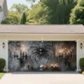 Banner de puerta de garaje de Halloween con araña gigante cráneo fondo espeluznante - Estilo Calavera Araña Oscura (CK-008) / 150x100cm