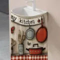 Rideau de lavabo en tissu thème cuisine avec motifs dessinés de pots et poêles - 140x82cm / X-002 Style à Carreaux d'Ustensiles de Cuisine