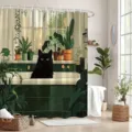 Modern bathroom shower curtain with cartoon black cat and green plants digital print design - Single Shower Curtain 90x180cm / Black Cat and Plants (YL-005)