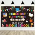 Bunter Abschluss-Hintergrund für Grundschüler mit Schul-Illustrationen und Bannern - Grundschule Abschlussfeier Hintergrund (SBJ-003) / 95x75cm