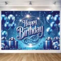 Banner de fondo de Happy Birthday azul con globos y diseño de caja de regalo para fiesta. - Estilo de Globo Azul Oscuro (SBJ-009) / 95x75cm