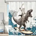 Witziger Duschvorhang mit Katze auf T-Rex Dinosaurier Surfen Motiv aus Polyester - Muster YL-005