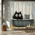 Cartoon fluffy black and gray cats in bathtub digital print fabric shower curtain - Single Shower Curtain 90x180cm / Two Kittens in Bathtub Illustration (YL-006)