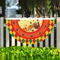 Semicircular Thanksgiving fan flag with turkey and pumpkin cart design on white fence - Cartoon Turkey Pumpkin Cart Style (SXQ-012)