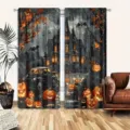 Halloween curtains featuring a haunted house and glowing pumpkins for room decor - Castle Pumpkin Style (CL-005)