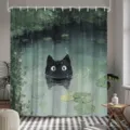 Cartoon black cat shower curtain featuring rainy forest pond and lily pads digital print - Single Shower Curtain 90x180cm / Black Cat Lotus Pond (YL-007)