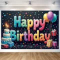 Pancarta de fondo de feliz cumpleaños negra con pastel y globos de colores vivos - Tema de Cumpleaños Colorido Negro (SBJ-011) / 95x75cm