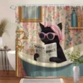 Funny black cat reading newspaper shower curtain with pink sunglasses and towel - Single Shower Curtain 90x180cm / Black Cat Sunglasses Shower Cap (YL-008)