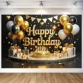Fondo de feliz cumpleaños negro y dorado elegante con globos dorados y pastel - Estilo Pastel de Cumpleaños Negro Dorado (SBJ-013) / 95x75cm / Negro y Oro