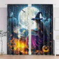 Digital print Halloween curtains with witch and pumpkin motif for bedroom decoration - Purple Blue Witch & Pumpkin Style (CL-008)