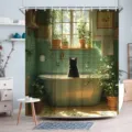 Waterproof digital print shower curtain featuring a black cat in a sunlit bathroom scene - Single Shower Curtain 90x180cm / Green Sunshine Bathtub Cat (YL-010)