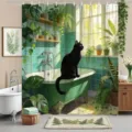 Waterproof shower curtain with digital print of a black cat in a lush botanical bathroom - Single Shower Curtain 90x180cm / Green Plant Black Cat Bathtub (YL-011)