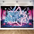 Fondo fotográfico de Happy Birthday tema concierto con diseño de luces neón - Estilo de Escenario Musical (SBJ-015) / 95x75cm