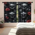 Gothic Halloween curtains featuring 3D skull and red rose prints for bedroom decor setup. - Skull and Red Rose Gothic Style (CL-010)