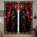 Gothic Halloween curtains featuring skeletal knight with sword and red fire background print - Skull Warrior Style (CL-011)