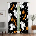 Halloween themed curtains with ghost pumpkin and bat patterns on black background - Black Spooky Ghost & Pumpkin Style (CL-013)