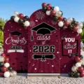 Gran Fondo De Graduación Banner Arco Set 2026 Fiesta Decoración Accesorios De Fotografía - Estilo Vino Tinto Negro Dorado (SGX-004) / Juego de 3 piezas (65x150cm + 80x180cm + 50x120cm) / Poliéster - Vino Tinto