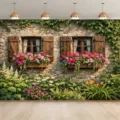 Sfondo fotografico paesaggio giardino naturale con muro di pietra e fioriere per finestre - SBJ-001 (Sfondo Paesaggio) / 95x75cm