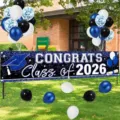 Herzlichen Glückwunsch Abschluss 2026 Banner mit blau schwarzen weißen Ballons Deko - Abschluss Stil 1 (SHF-001) / 30x120cm