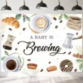 Vintage koffie thema babyshower achtergrond met 'A Baby is Brewing' tekst voor feest - Vintage Koffie Beer Stijl (SBJ-002) / 95x75cm