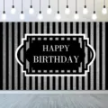 Schwarz und silber glitzernd gestreifter Happy Birthday Fotohintergrund für Partydekoration - Silber und schwarz gestreifter Stil (SBJ-004) / 95x75cm