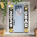Black and gold graduation porch banners with Class of 2024 and Congrats Grad text - Black Gold 2024 Graduation Style (SDL-012) / 30x150cm / Black & Gold